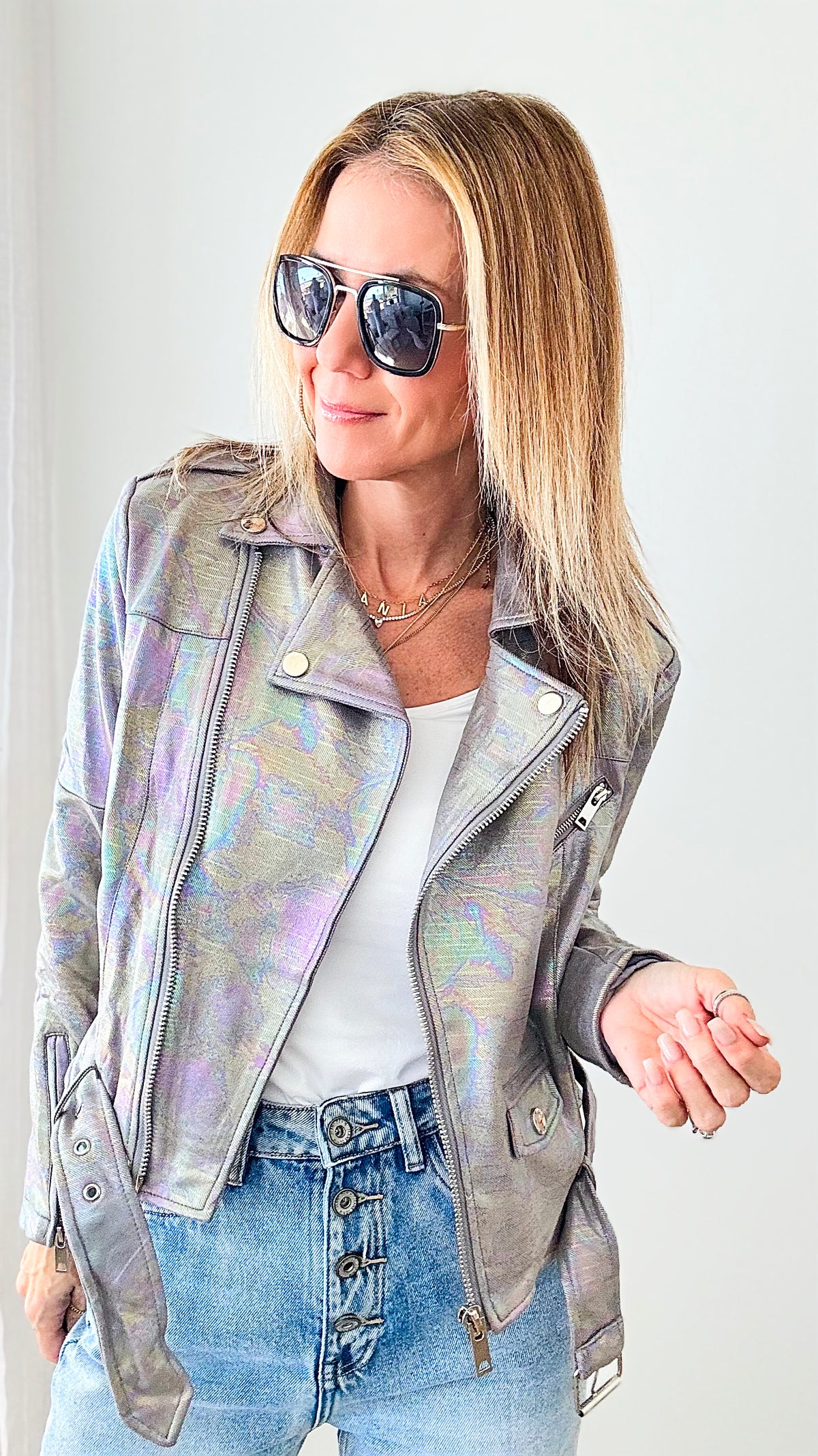 PRE ORDER Holographic Metallic Jacket - Silver Grey-160 Jackets-Michel-Coastal Bloom Boutique, find the trendiest versions of the popular styles and looks Located in Indialantic, FL