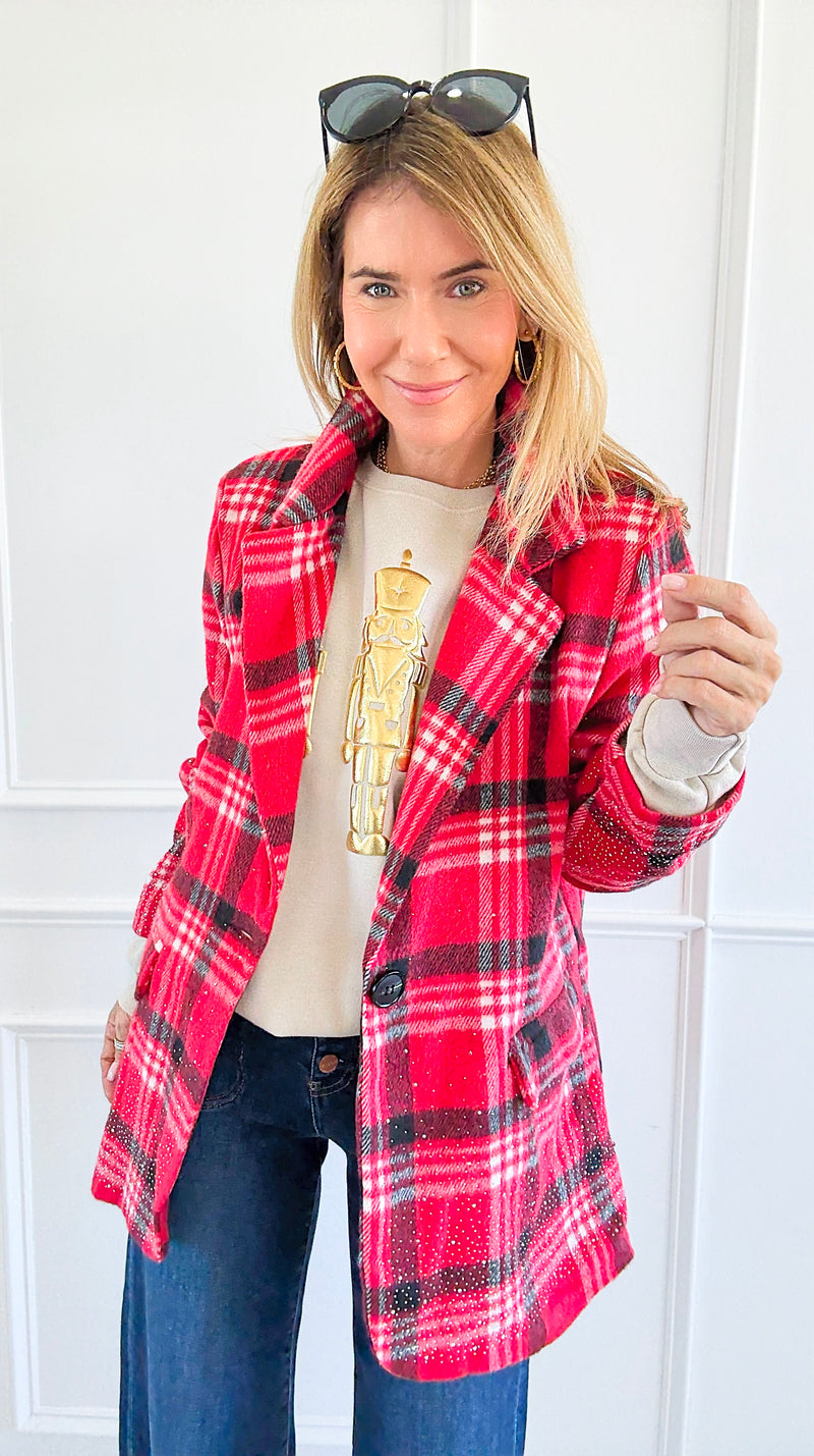 Glittering Plaid Italian Blazer-160 Jackets-TATTOO Z-Coastal Bloom Boutique, find the trendiest versions of the popular styles and looks Located in Indialantic, FL