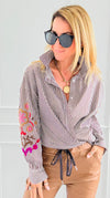 Striped & Bloom Embroidery Sleeve Italian Blouse-110 Long Sleeve Tops-TATTOO Z-Coastal Bloom Boutique, find the trendiest versions of the popular styles and looks Located in Indialantic, FL