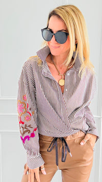 Striped & Bloom Embroidery Sleeve Italian Blouse-110 Long Sleeve Tops-TATTOO Z-Coastal Bloom Boutique, find the trendiest versions of the popular styles and looks Located in Indialantic, FL