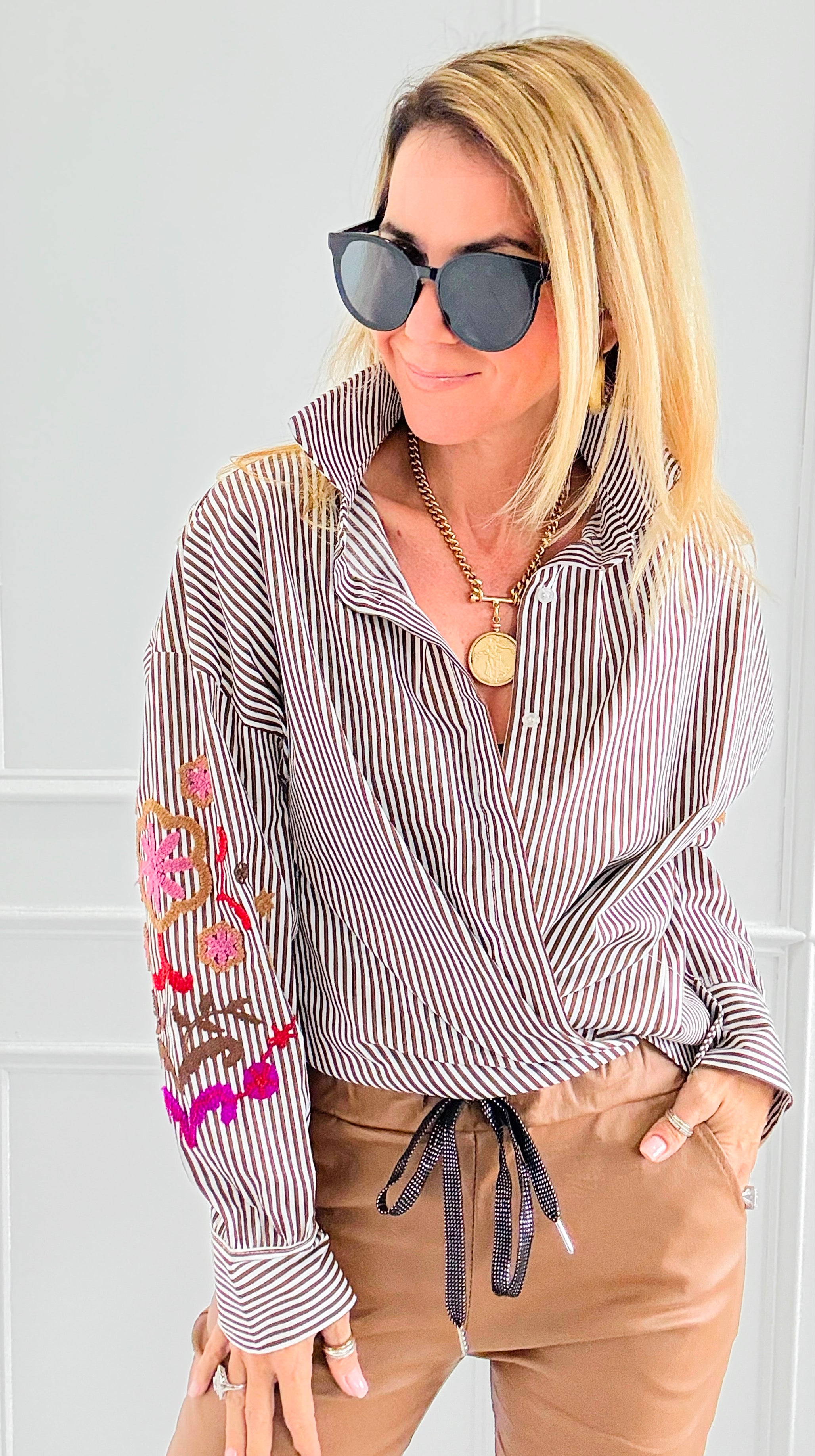Striped & Bloom Embroidery Sleeve Italian Blouse-110 Long Sleeve Tops-TATTOO Z-Coastal Bloom Boutique, find the trendiest versions of the popular styles and looks Located in Indialantic, FL