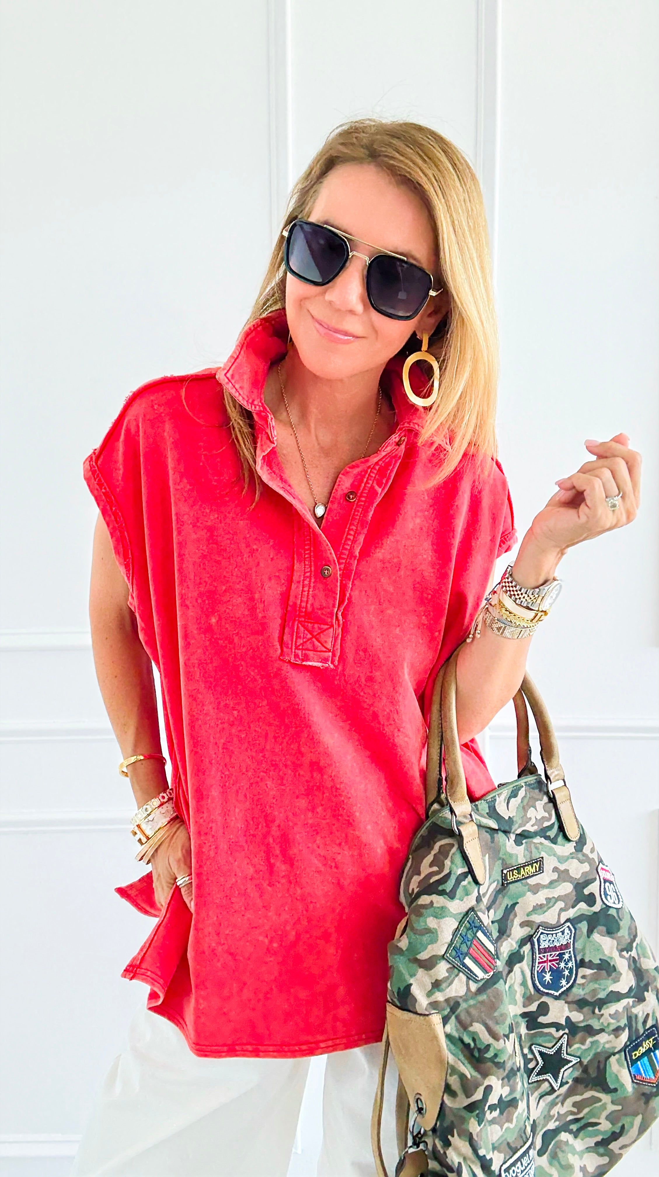 Weekend Ease Washed Collar Top - Red-110 Short Sleeve Tops-White Birch-Coastal Bloom Boutique, find the trendiest versions of the popular styles and looks Located in Indialantic, FL