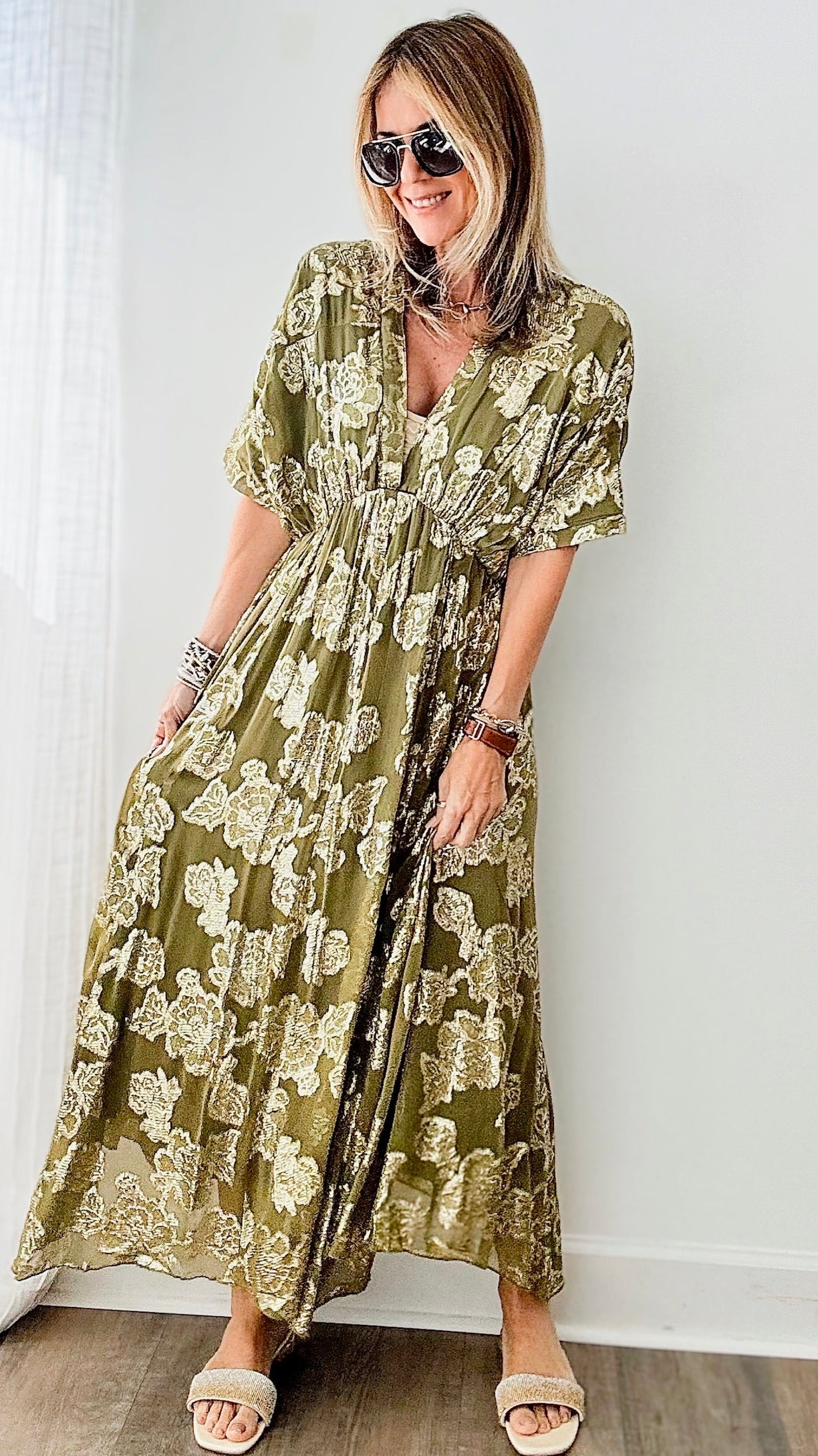 Olive & Gold Metallic Pleated Maxi Dress-200 Dresses/Jumpsuits/Rompers-en creme-Coastal Bloom Boutique, find the trendiest versions of the popular styles and looks Located in Indialantic, FL