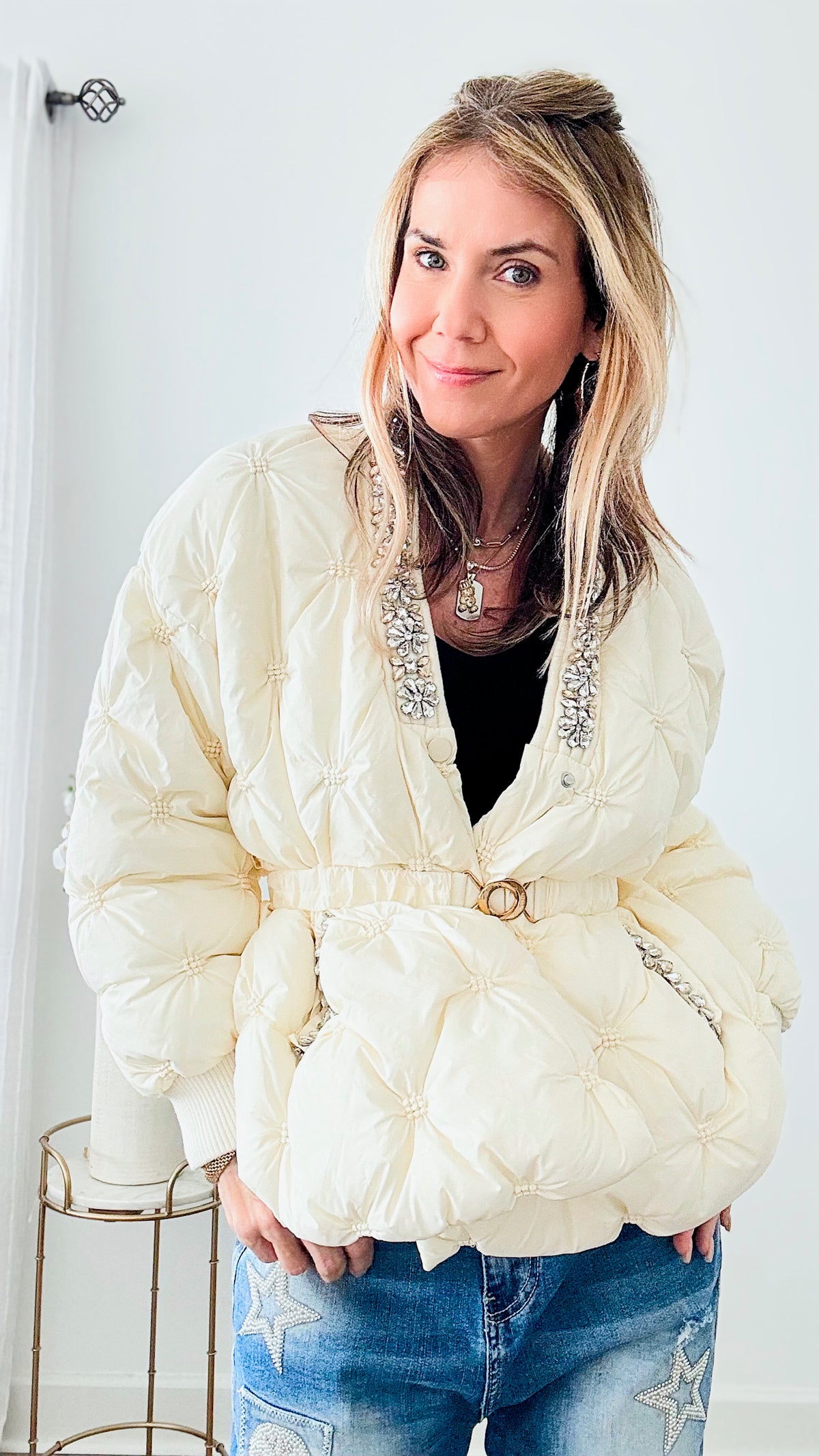 Runway on Ice Embellished Quilted Jacket - Cream-160 Jackets-CBALY-Coastal Bloom Boutique, find the trendiest versions of the popular styles and looks Located in Indialantic, FL