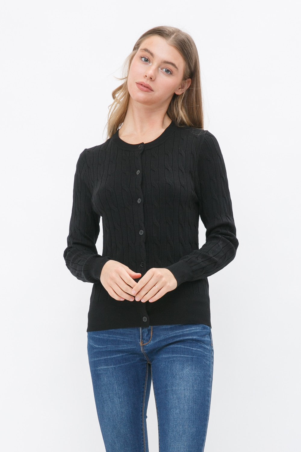 Cable Knit Crew Neck Cardigan - Black-150 Cardigans/Layers-Cielo-Coastal Bloom Boutique, find the trendiest versions of the popular styles and looks Located in Indialantic, FL