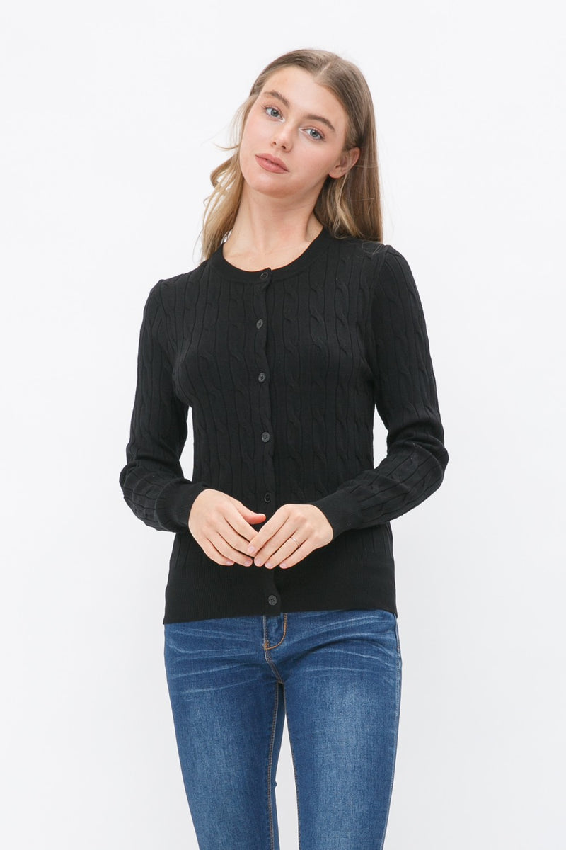 Cable Knit Crew Neck Cardigan - Black-150 Cardigans/Layers-Cielo-Coastal Bloom Boutique, find the trendiest versions of the popular styles and looks Located in Indialantic, FL