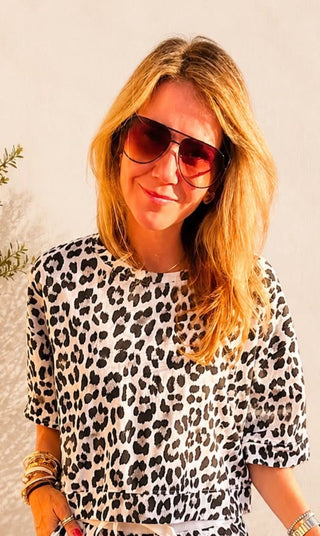 Leopard Weekend French Terry Italian Top - White