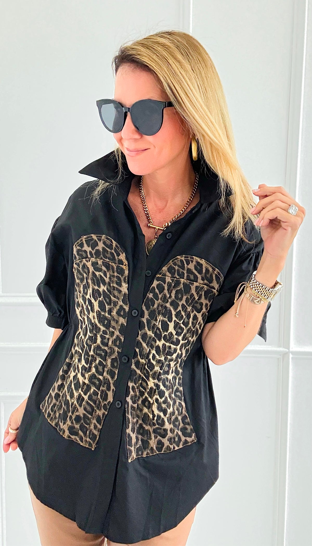 Run Wild Button-Up Blouse-Black-110 Short Sleeve Tops-7Mango7-Coastal Bloom Boutique, find the trendiest versions of the popular styles and looks Located in Indialantic, FL