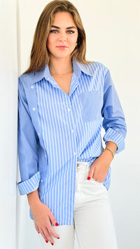 Multi Pinstripe Pocket Blouse-110 Short Sleeve Tops-OOPS!-Coastal Bloom Boutique, find the trendiest versions of the popular styles and looks Located in Indialantic, FL