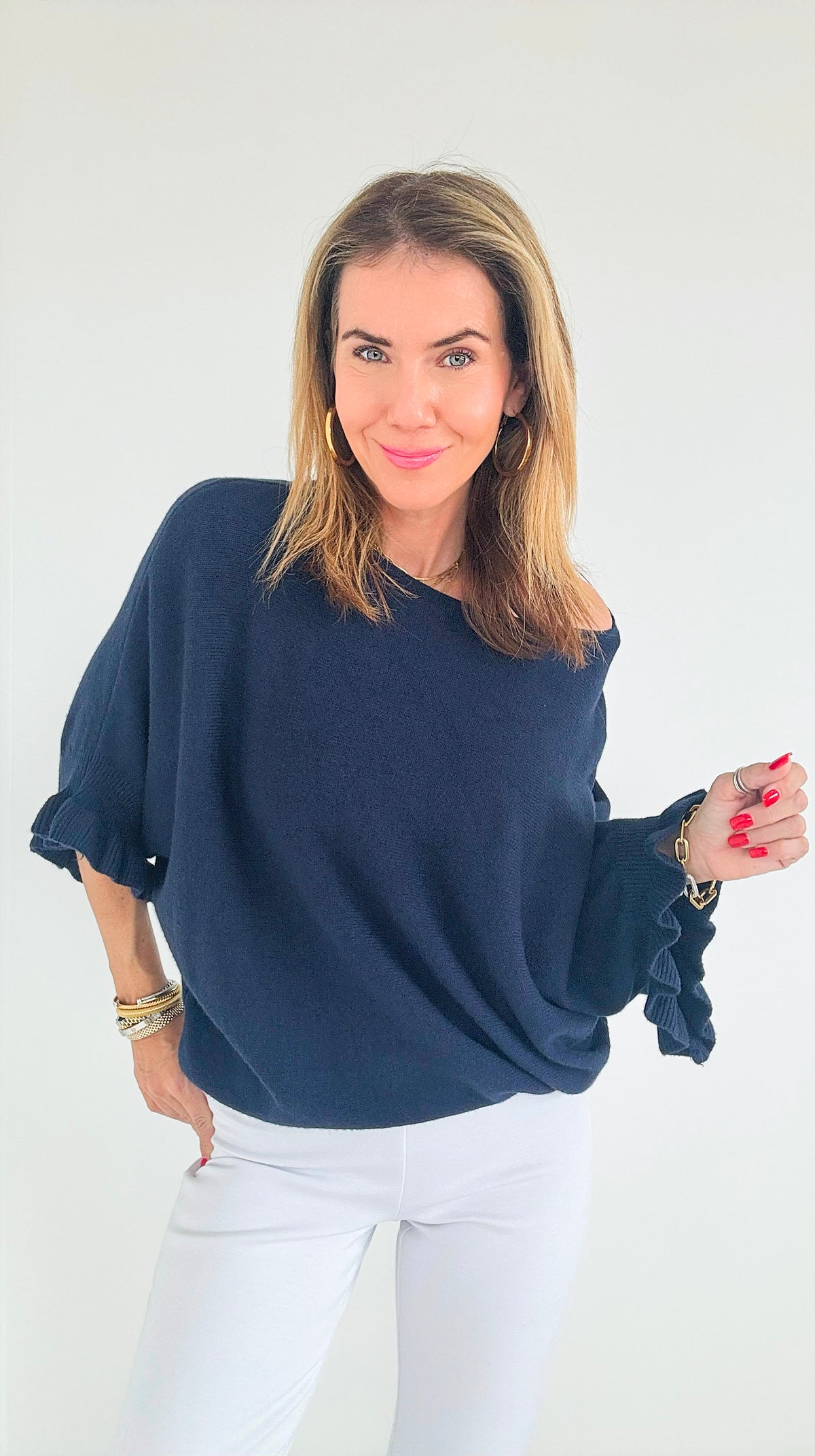 Soft Frills Italian Sweater- Navy-140 Sweaters-Italianissimo-Coastal Bloom Boutique, find the trendiest versions of the popular styles and looks Located in Indialantic, FL