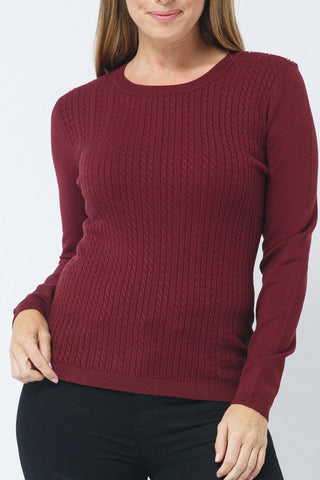 Cable Knit Crew Neck Sweater - Burgundy