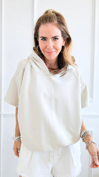 Relaxed Italian Hoodie Top - Ecru-110 Short Sleeve Tops-Italianissimo-Coastal Bloom Boutique, find the trendiest versions of the popular styles and looks Located in Indialantic, FL