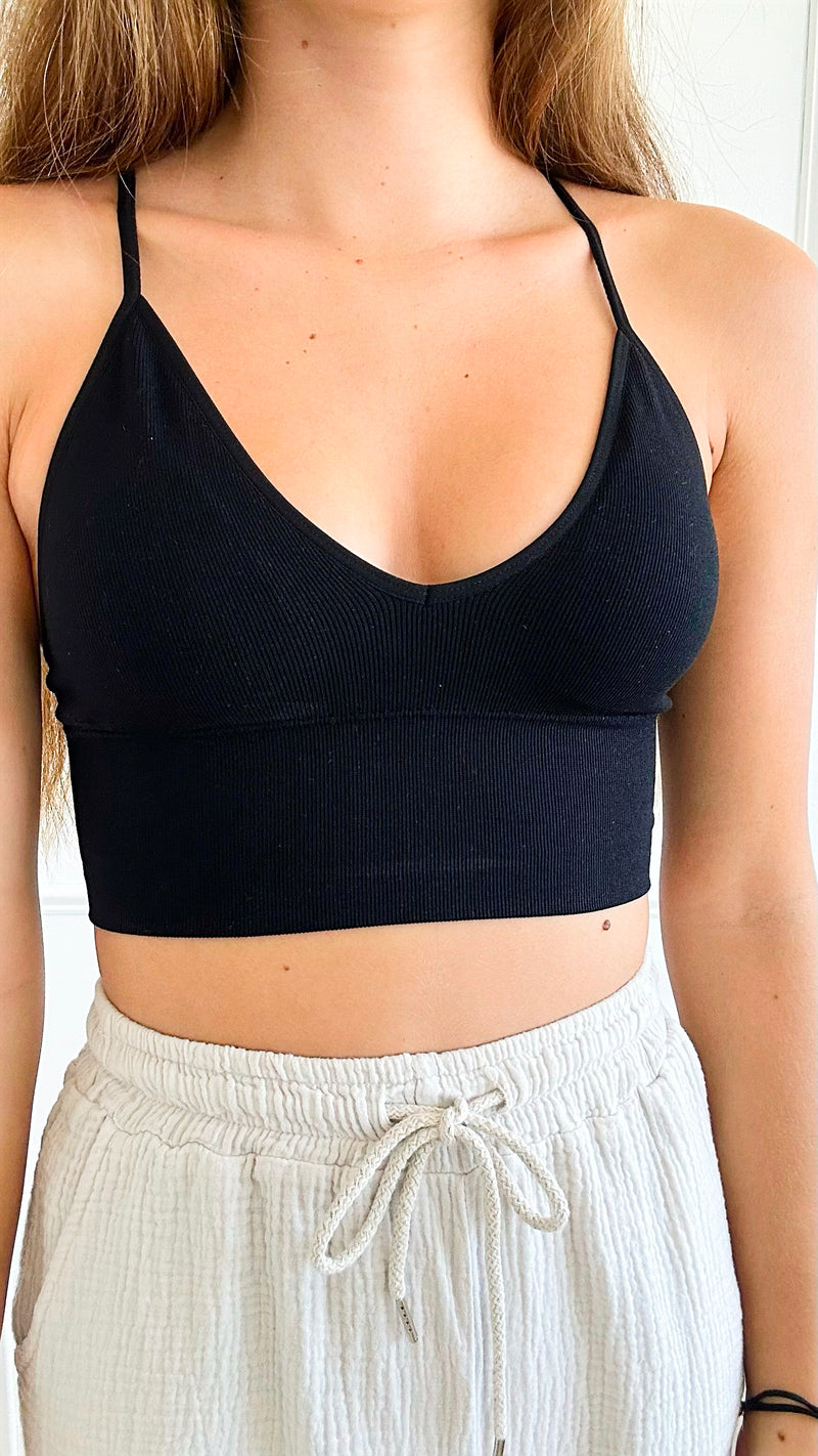 V-Neck Ribbed Seamless Bra Top - Black-220 Intimates-Zenana-Coastal Bloom Boutique, find the trendiest versions of the popular styles and looks Located in Indialantic, FL