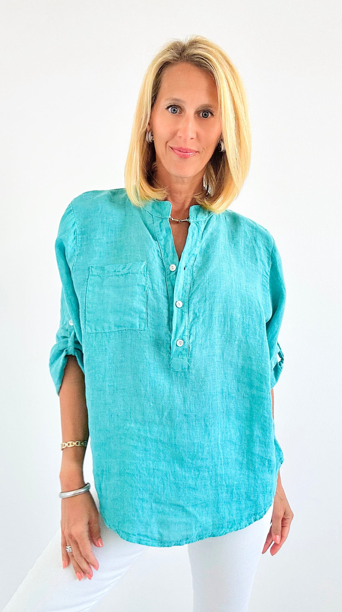 Button Linen Tunic Top - Green-130 Long Sleeve Set-Tempo-Coastal Bloom Boutique, find the trendiest versions of the popular styles and looks Located in Indialantic, FL