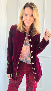 Majestic Velvet Military Blazer - Claret-160 Jackets-Cezele-Coastal Bloom Boutique, find the trendiest versions of the popular styles and looks Located in Indialantic, FL