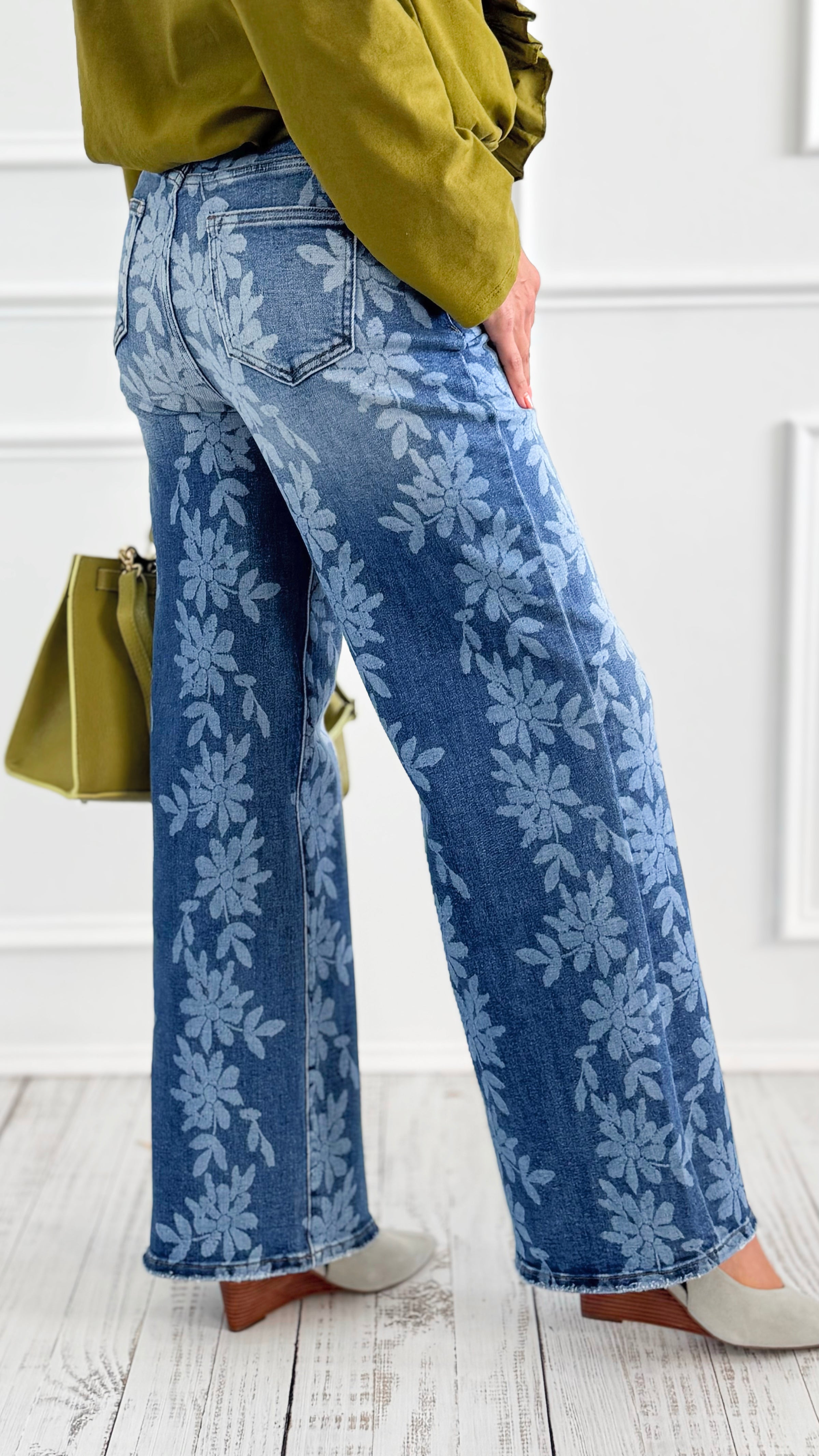 Floral Wide-Leg Denim Pants-170 Bottoms-Anniewear-Coastal Bloom Boutique, find the trendiest versions of the popular styles and looks Located in Indialantic, FL