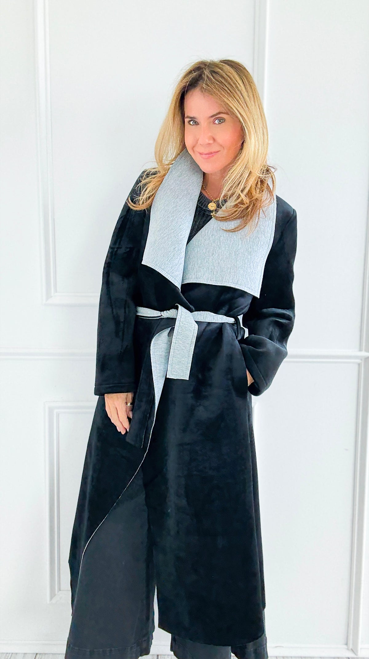 Two-Tone Wrap Belted Coat - Black-160 Jackets-V6-Coastal Bloom Boutique, find the trendiest versions of the popular styles and looks Located in Indialantic, FL