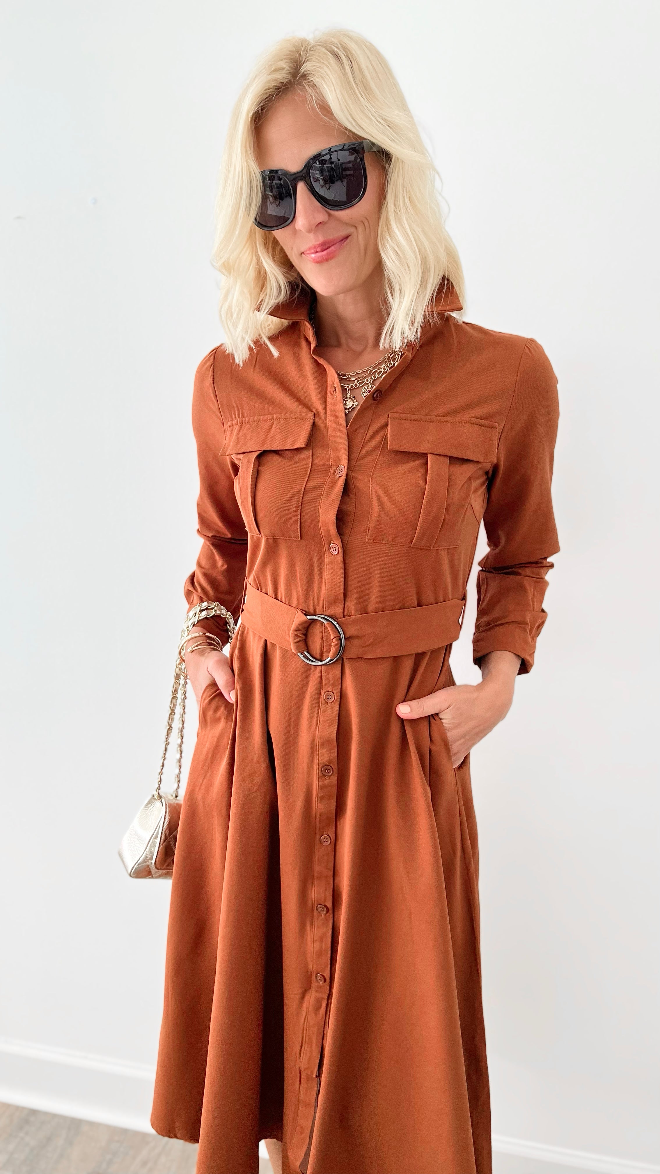 Sophisticated Charm Belted Button-Down Maxi Dress - Brown-200 dresses/jumpsuits/rompers-HYFVE-Coastal Bloom Boutique, find the trendiest versions of the popular styles and looks Located in Indialantic, FL