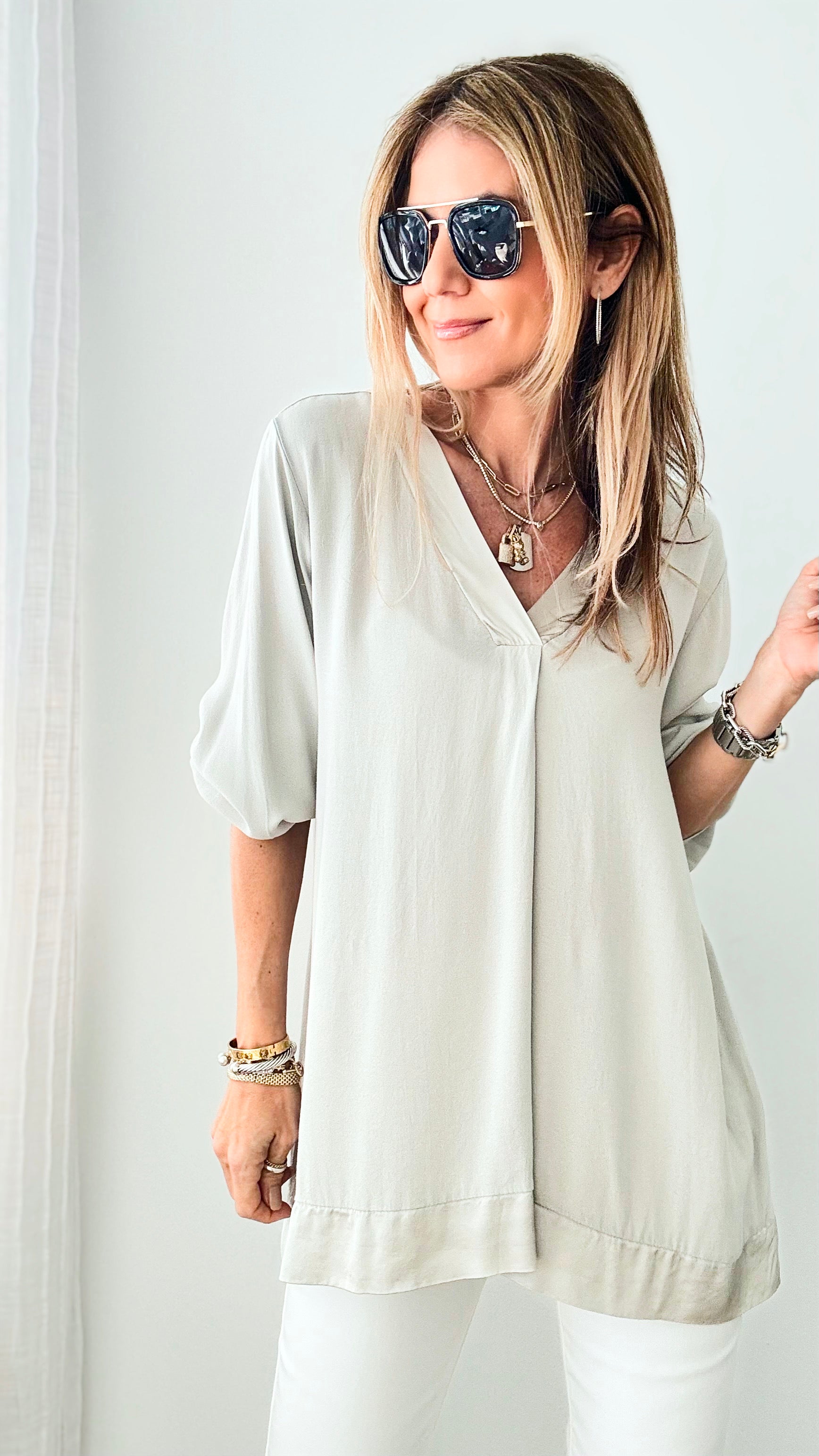 Satin Trim Italian Blouse - Light Grey-130 Long Sleeve Tops-Germany-Coastal Bloom Boutique, find the trendiest versions of the popular styles and looks Located in Indialantic, FL