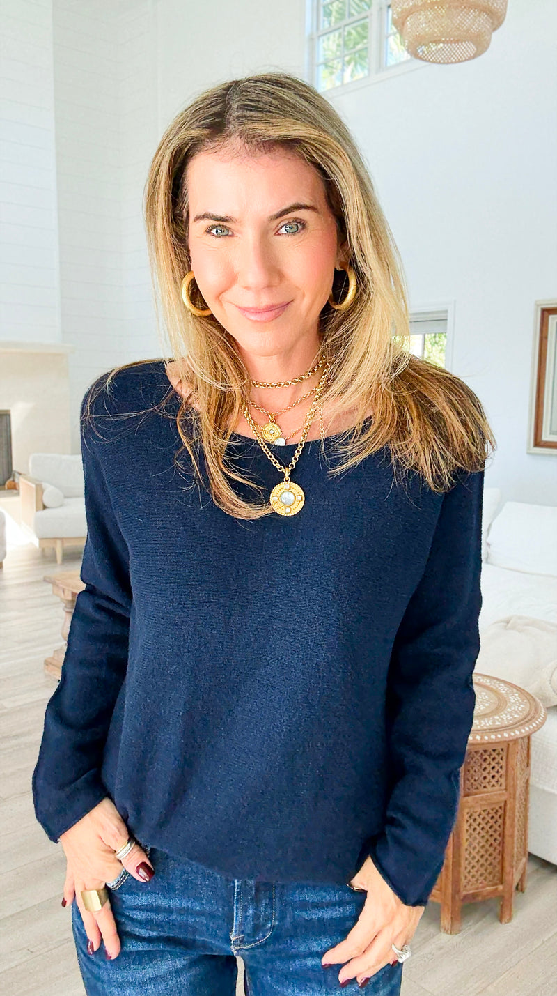 Soho Italian Boatneck Pullover - Navy-140 Sweaters-Italianissimo-Coastal Bloom Boutique, find the trendiest versions of the popular styles and looks Located in Indialantic, FL