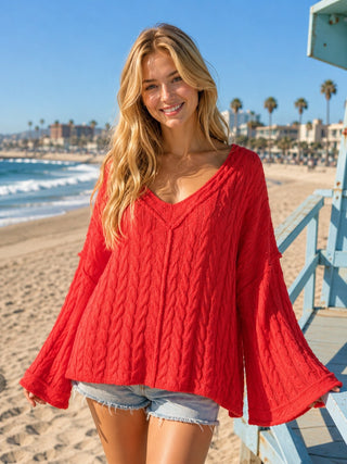 Cable Knit V-Neck Sweater - Coral