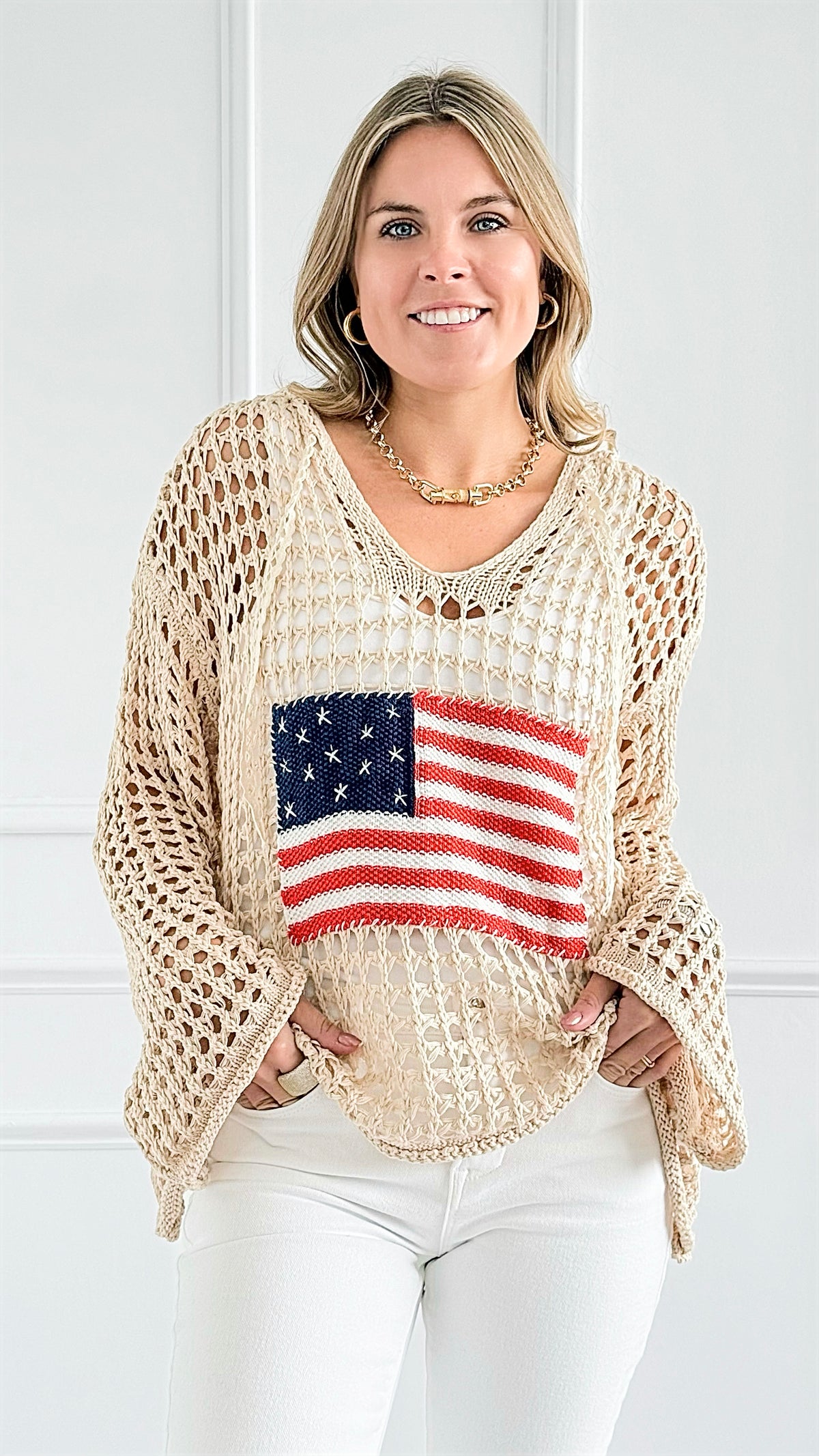 Patriot Spirit Crochet Sweater-140 Sweaters-POL-Coastal Bloom Boutique, find the trendiest versions of the popular styles and looks Located in Indialantic, FL