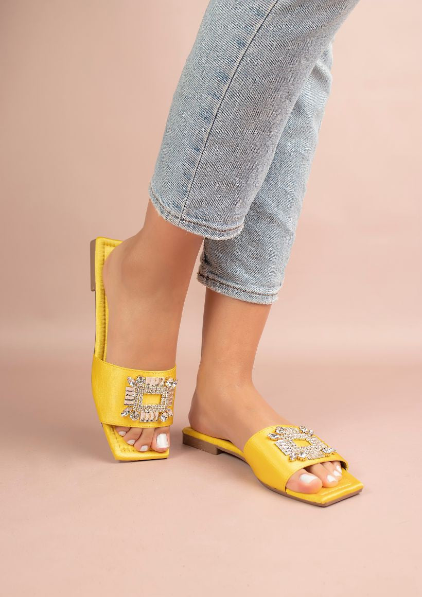 Bling Brooch Slip Sandals - Yellow-250 Shoes-MAKER'S SHOES-Coastal Bloom Boutique, find the trendiest versions of the popular styles and looks Located in Indialantic, FL