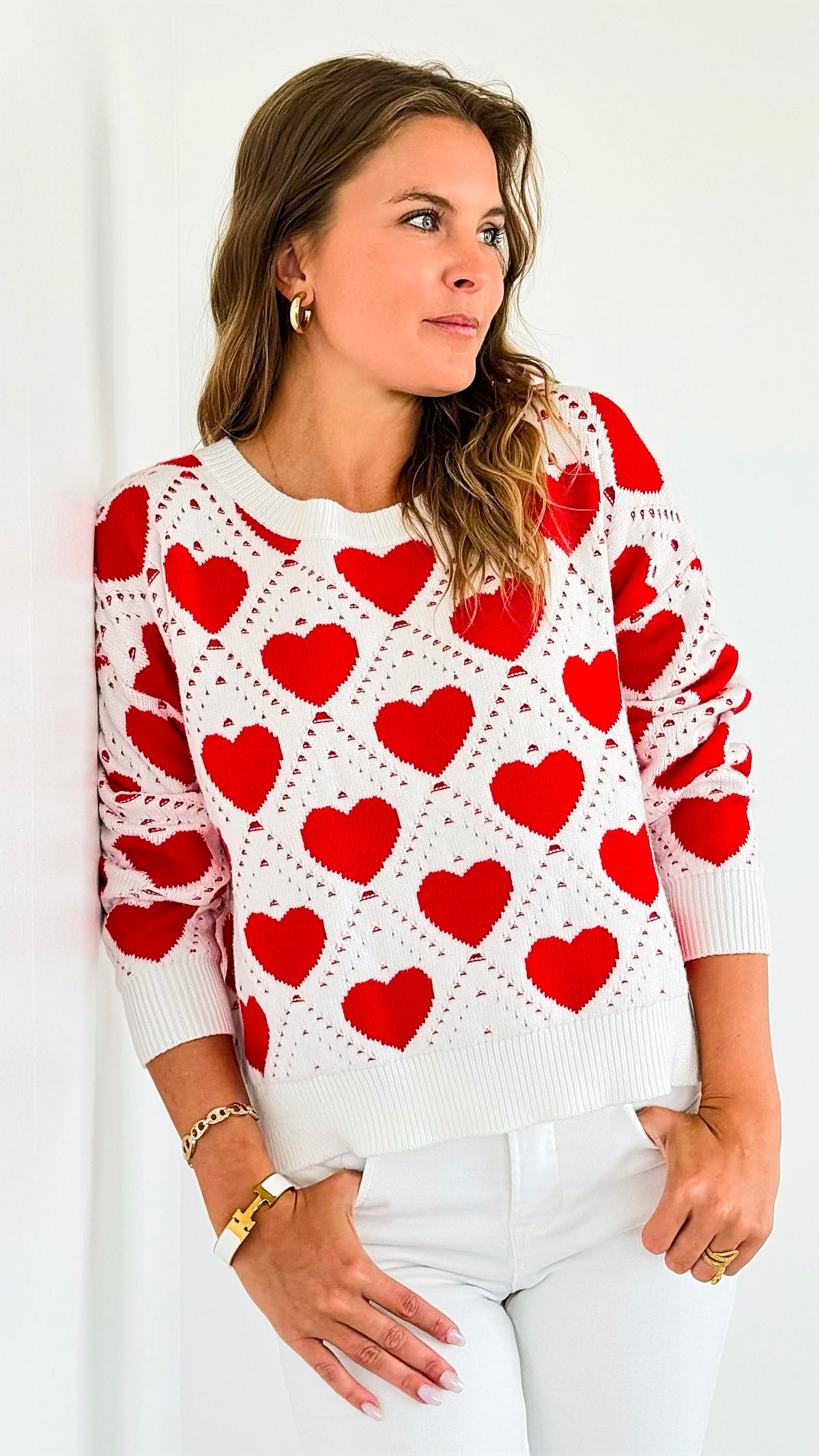 Hearts Knit Sweater-Red-140 Sweaters-MIRACLE-Coastal Bloom Boutique, find the trendiest versions of the popular styles and looks Located in Indialantic, FL