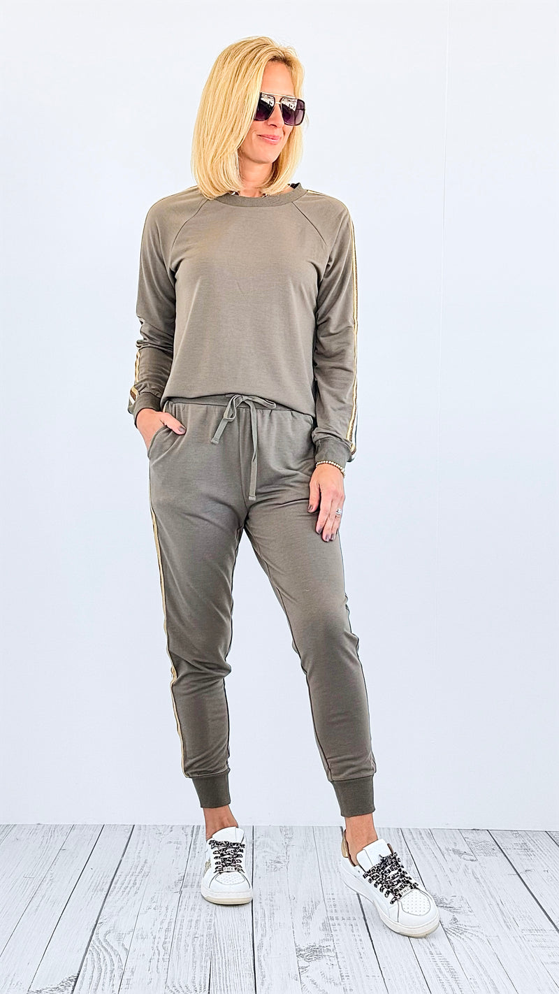 Glitter Trim Cozy Joggers - Olive-170 Bottoms-mystree-Coastal Bloom Boutique, find the trendiest versions of the popular styles and looks Located in Indialantic, FL