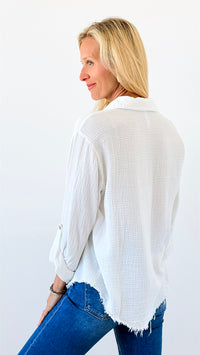 Effortless Edge Frayed Blouse Top - White-110 Long Sleeve Tops-Zenana-Coastal Bloom Boutique, find the trendiest versions of the popular styles and looks Located in Indialantic, FL