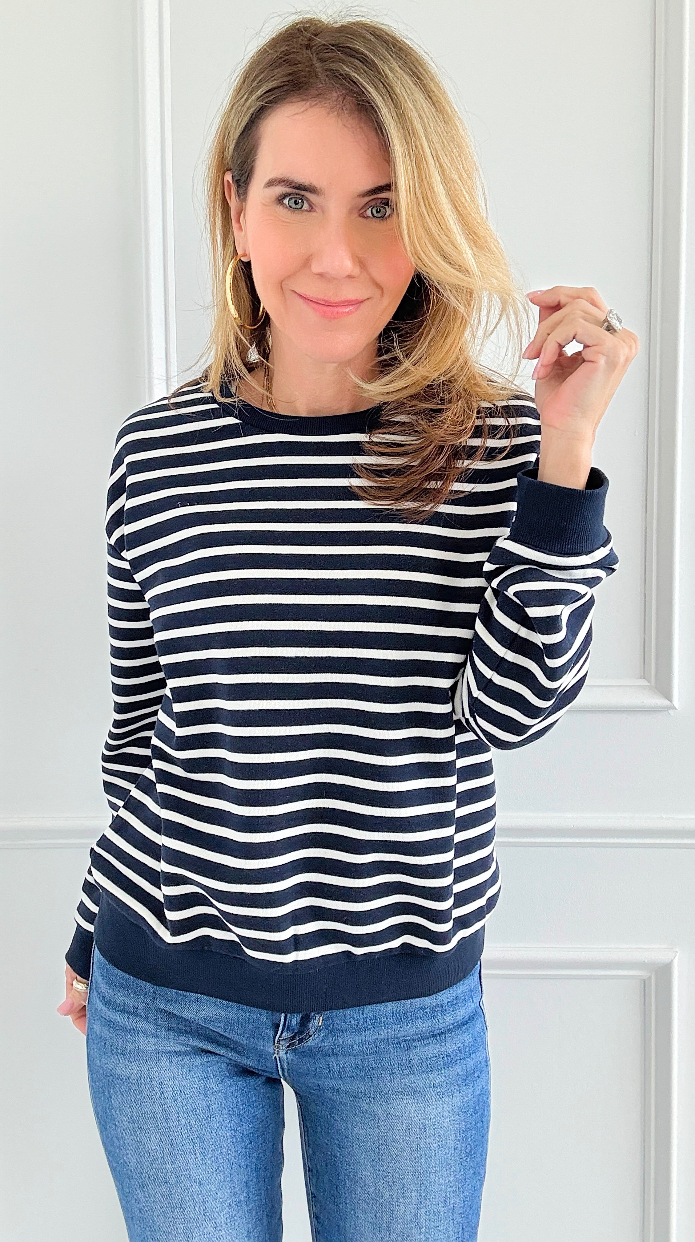 Nautical Stripe Sweatshirt-110 Long Sleeve Tops-English Factory-Coastal Bloom Boutique, find the trendiest versions of the popular styles and looks Located in Indialantic, FL