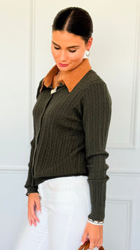 Cable Stitch Italian Button Cardigan- Olive-170 Bottoms-Italianissimo-Coastal Bloom Boutique, find the trendiest versions of the popular styles and looks Located in Indialantic, FL