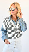 Denim Accent Striped Sweater Top-130 Long Sleeve Tops-Illord-Coastal Bloom Boutique, find the trendiest versions of the popular styles and looks Located in Indialantic, FL