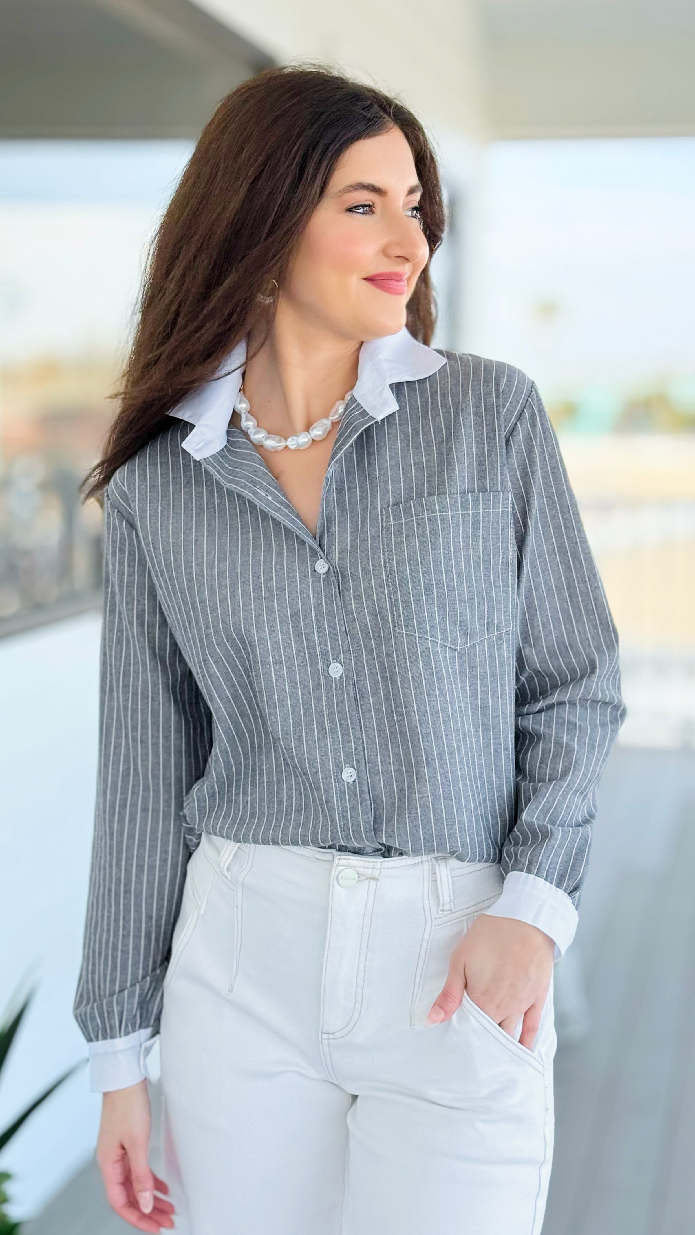 Perfectly Striped Italian Button Top- Gray/White