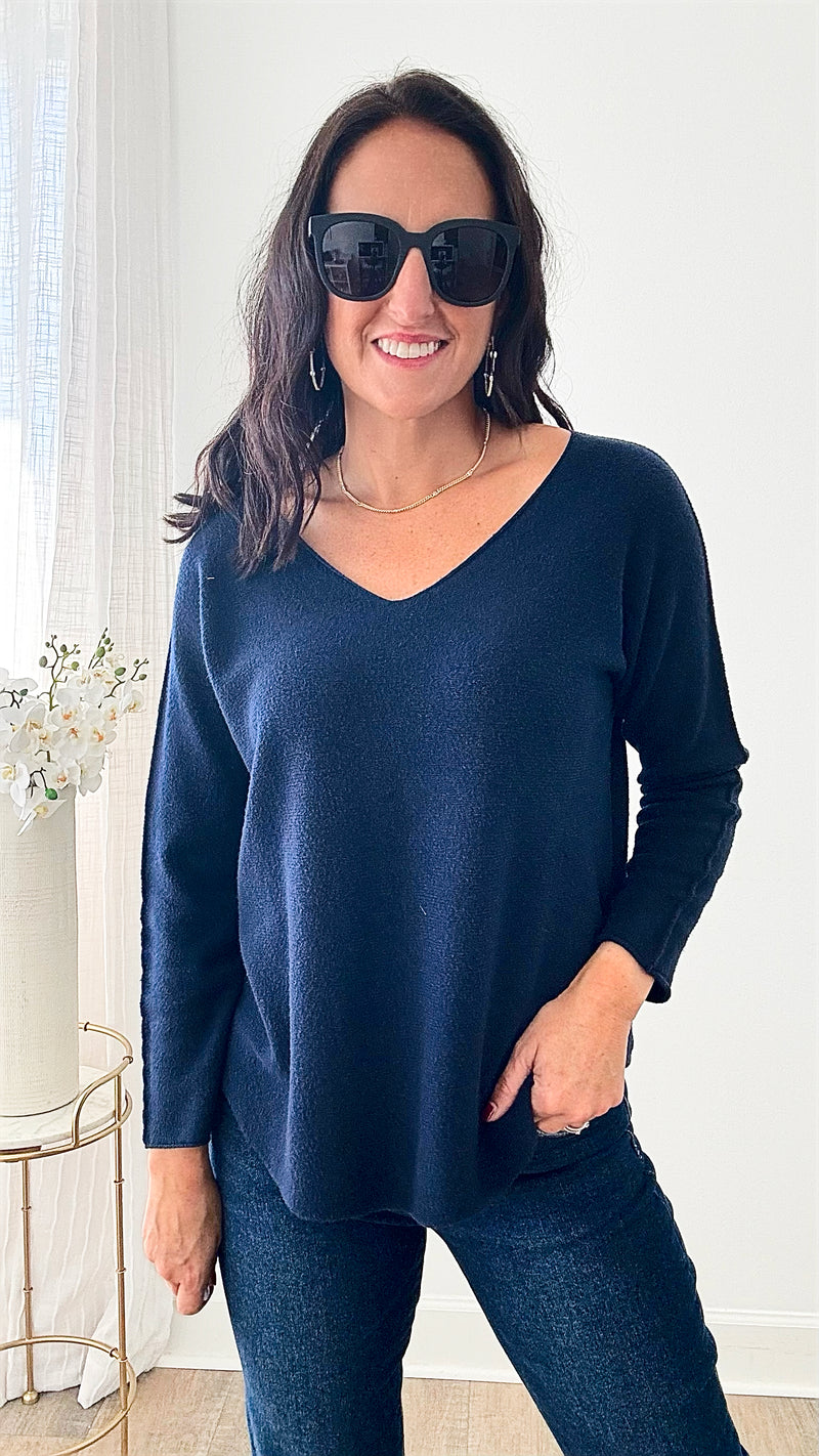 Soho Italian V-Neck Pullover - Navy-140 Sweaters-Italianissimo-Coastal Bloom Boutique, find the trendiest versions of the popular styles and looks Located in Indialantic, FL