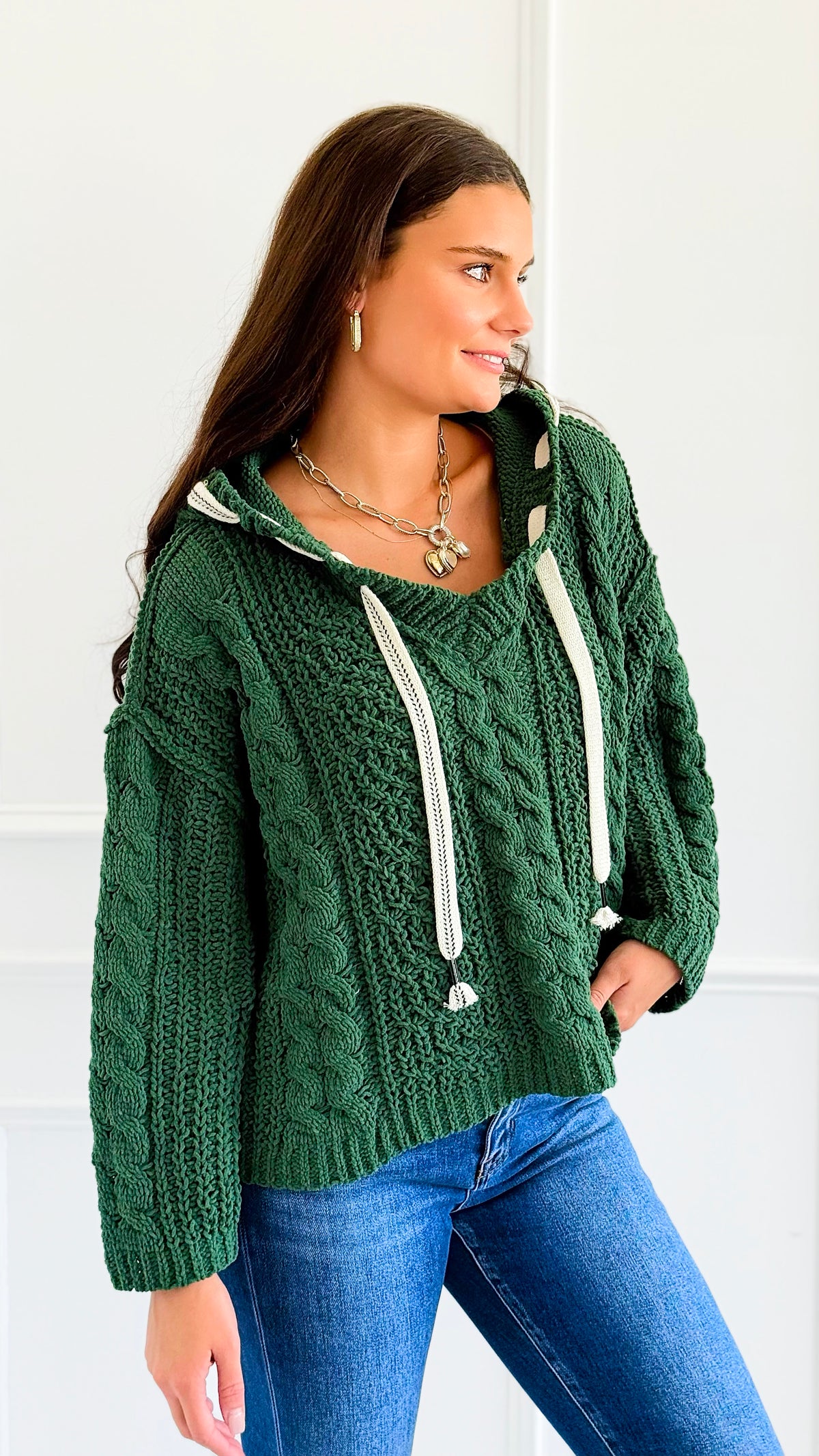 Seaside Breeze Hooded Chenille Sweater - Dark Green-140 Sweaters-Zenana-Coastal Bloom Boutique, find the trendiest versions of the popular styles and looks Located in Indialantic, FL