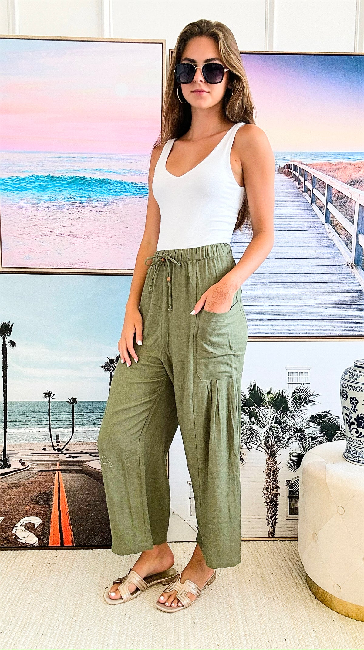 Linen Wide Leg Pants - Olive-170 Bottoms-Very J-Coastal Bloom Boutique, find the trendiest versions of the popular styles and looks Located in Indialantic, FL