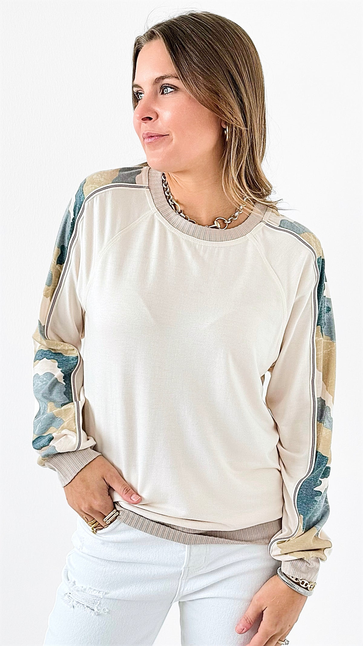 Laid-Back Luxe Camo Top-110 Long Sleeve Tops-mystree-Coastal Bloom Boutique, find the trendiest versions of the popular styles and looks Located in Indialantic, FL