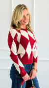 Heritage Charm Argyle Sweater - Burgundy-140 Sweaters-IRIS-Coastal Bloom Boutique, find the trendiest versions of the popular styles and looks Located in Indialantic, FL