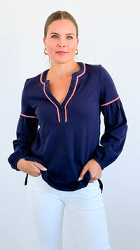 Tassel Contrast Cotton Tunic - Navy-130 Long Sleeve Tops-ARYEH-Coastal Bloom Boutique, find the trendiest versions of the popular styles and looks Located in Indialantic, FL