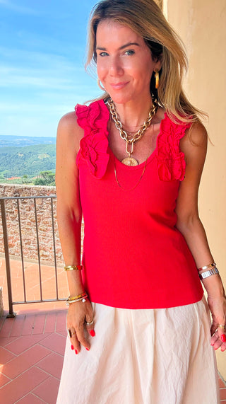 Ruffle Detail Sleeveless Italian Top - Red