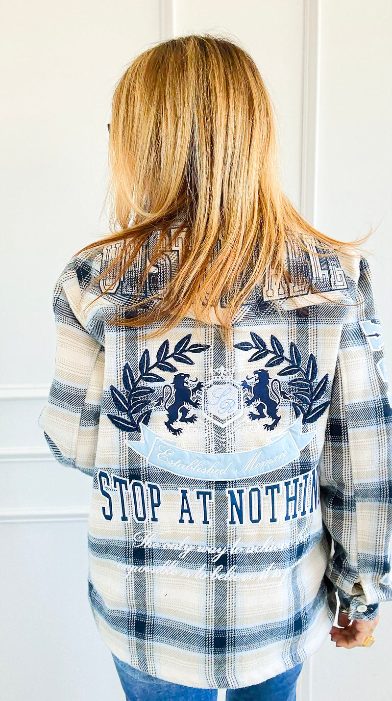 Frosted Plaid Varsity Shacket-160 Jackets-SMOKE RISE RED-Coastal Bloom Boutique, find the trendiest versions of the popular styles and looks Located in Indialantic, FL