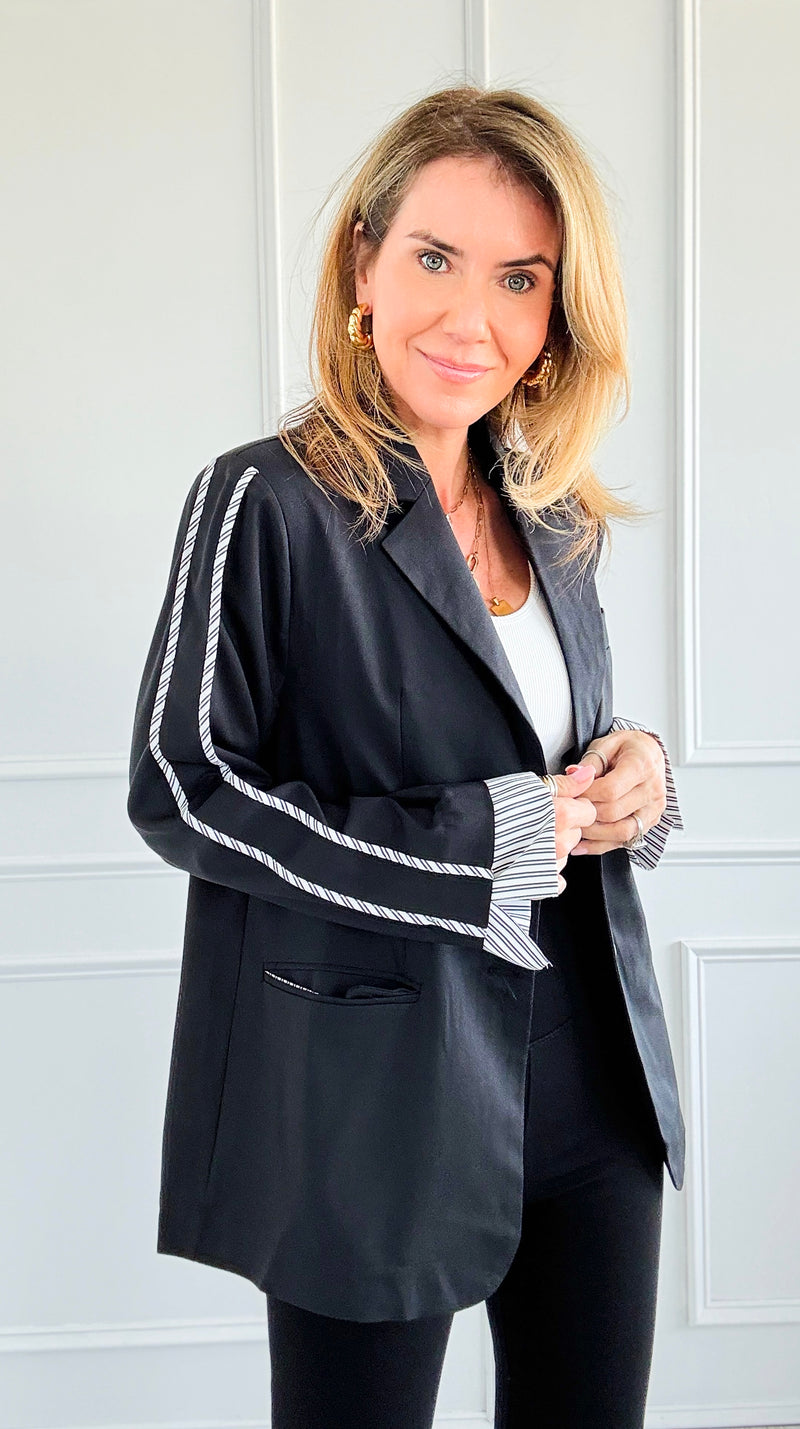 Contrast Striped Blazer - Black-160 Jackets-Joh Apparel-Coastal Bloom Boutique, find the trendiest versions of the popular styles and looks Located in Indialantic, FL