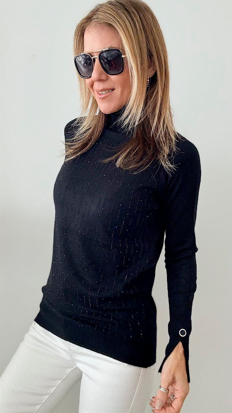 Shimmer Turtleneck CZ Sweater - Black-130 Long Sleeve Tops-IN2YOU-Coastal Bloom Boutique, find the trendiest versions of the popular styles and looks Located in Indialantic, FL