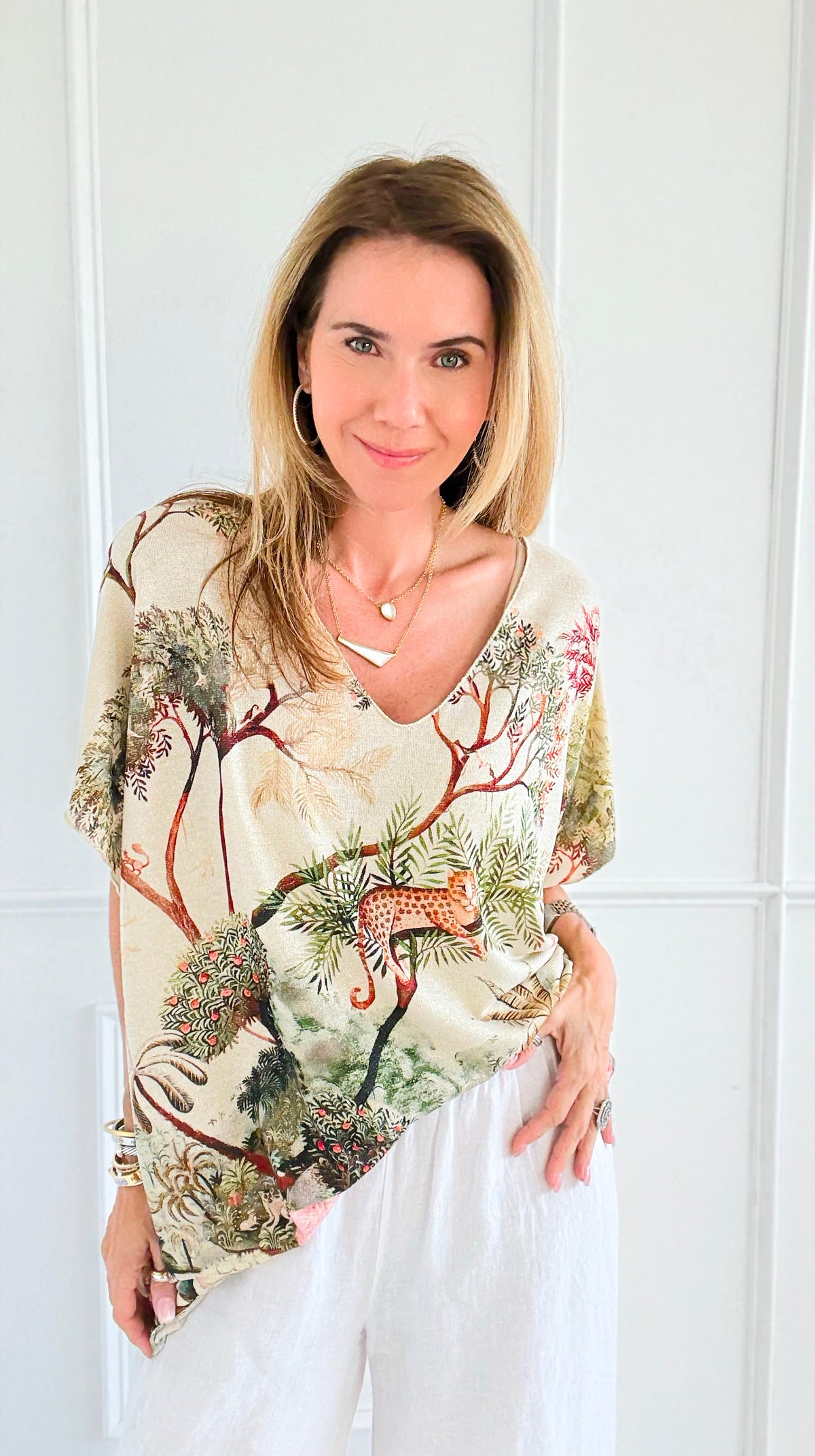 Shimmer Botanical Safari Italian V-Neck Top-140 Sweaters-SORPRESA-Coastal Bloom Boutique, find the trendiest versions of the popular styles and looks Located in Indialantic, FL