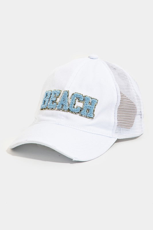 Beach Chenille Patch Baseball Cap - White-260 Other Accessories-FAME ACCESSORIES-Coastal Bloom Boutique, find the trendiest versions of the popular styles and looks Located in Indialantic, FL