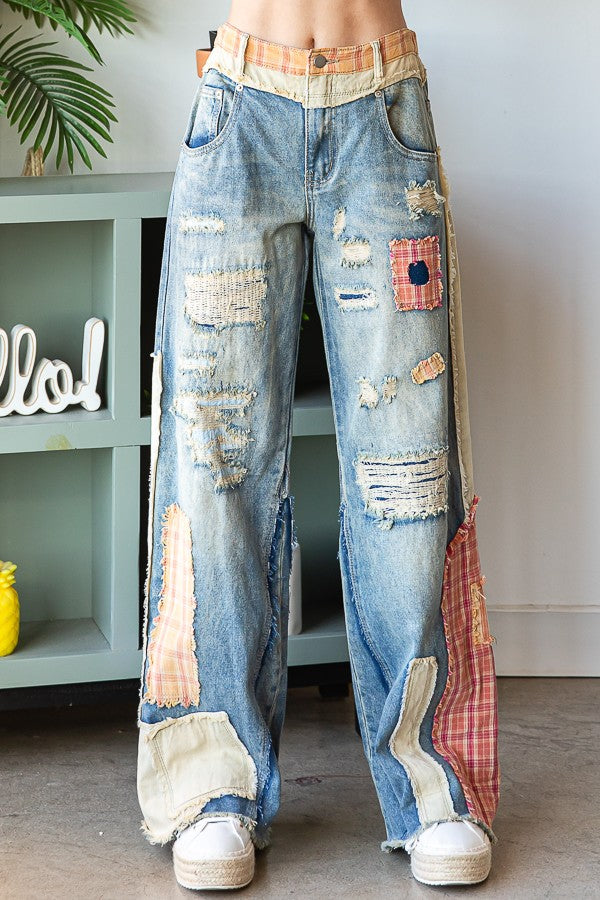 Patchwork Wide-Leg Denim Pants-170 Bottoms-Oli & Hali-Coastal Bloom Boutique, find the trendiest versions of the popular styles and looks Located in Indialantic, FL