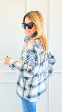Frosted Plaid Varsity Shacket-160 Jackets-SMOKE RISE RED-Coastal Bloom Boutique, find the trendiest versions of the popular styles and looks Located in Indialantic, FL