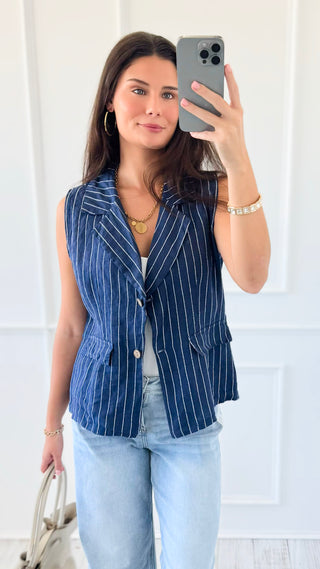 Casual Lines Italian Linen Vest- Navy/White