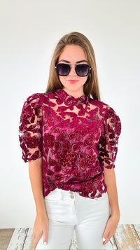 Sheer Lace Top- Burgundy-110 Short Sleeve Tops-pastel design-Coastal Bloom Boutique, find the trendiest versions of the popular styles and looks Located in Indialantic, FL